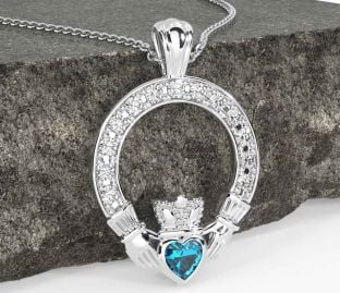 Diamond Topaz Silver Claddagh Necklace