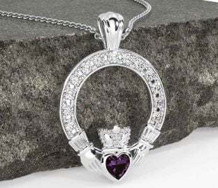 Diamond Alexandrite White Gold Claddagh Necklace