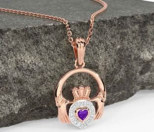 Diamond Amethyst Rose Gold Silver Claddagh Necklace