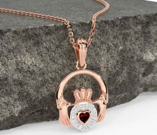 Diamond Garnet Rose Gold Silver Claddagh Necklace