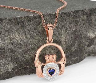 Diamond Sapphire Rose Gold Silver Claddagh Necklace