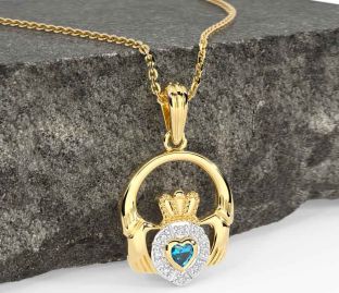 Diamond Topaz Gold Silver Claddagh Necklace