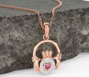 Diamond Pink Tourmaline Rose Gold Claddagh Necklace