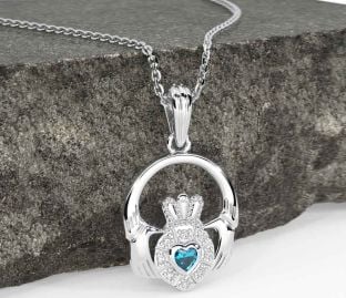Diamond Topaz Silver Claddagh Necklace