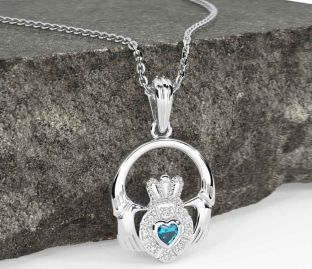 Diamond Topaz White Gold Claddagh Necklace