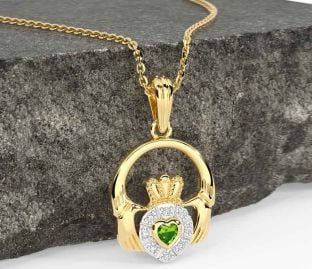 Diamond Peridot Gold Claddagh Necklace