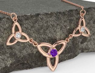 Diamond Amethyst Rose Gold Silver Celtic Trinity Knot Necklace