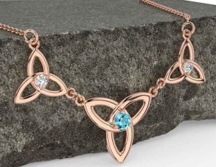 Diamond Aquamarine Rose Gold Celtic Trinity Knot Necklace