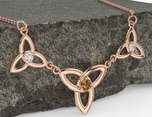 Diamond Citrine Rose Gold Celtic Trinity Knot Necklace