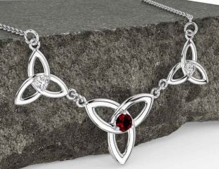 Diamond Garnet Silver Celtic Trinity Knot Necklace