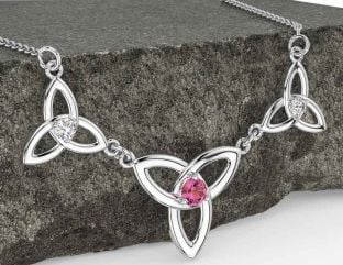 Diamond Pink Tourmaline Silver Celtic Trinity Knot Necklace