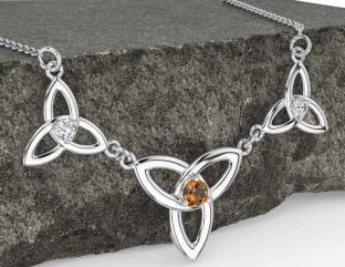 Diamond Citrine White Gold Celtic Trinity Knot Necklace