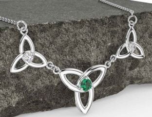 Diamond Emerald White Gold Celtic Trinity Knot Necklace