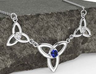 Diamond Sapphire White Gold Celtic Trinity Knot Necklace