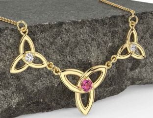 Diamond Pink Tourmaline Gold Celtic Trinity Knot Necklace