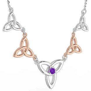 Diamond Amethyst Rose Gold Silver Celtic Trinity Knot Necklace