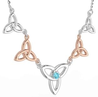 Diamond Aquamarine Rose Gold Silver Celtic Trinity Knot Necklace