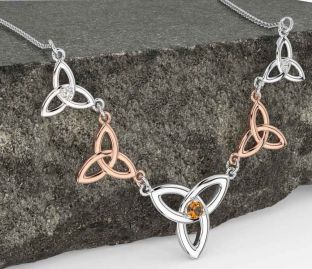 Diamond Citrine Rose Gold Silver Celtic Trinity Knot Necklace