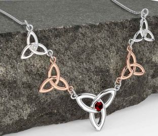 Diamond Garnet Rose Gold Silver Celtic Trinity Knot Necklace
