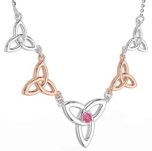 Diamond Pink Tourmaline Rose Gold Silver Celtic Trinity Knot Necklace