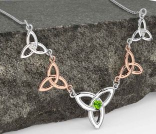 Diamond Peridot Rose Gold Silver Celtic Trinity Knot Necklace