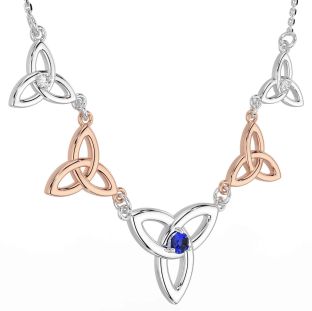 Diamond Sapphire Rose Gold Silver Celtic Trinity Knot Necklace