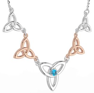 Diamond Topaz Rose Gold Silver Celtic Trinity Knot Necklace