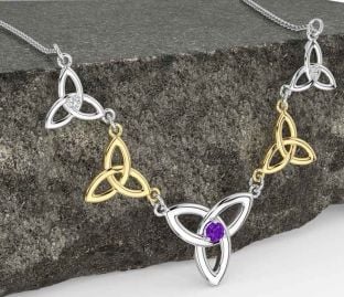 Diamond Amethyst Gold Silver Celtic Trinity Knot Necklace