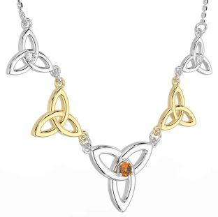 Diamond Citrine Gold Silver Celtic Trinity Knot Necklace