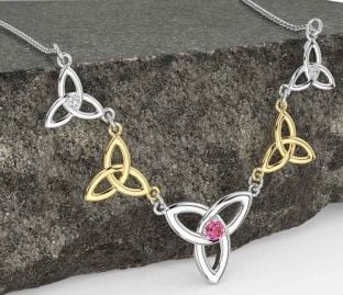 Diamond Pink Tourmaline Gold Silver Celtic Trinity Knot Necklace