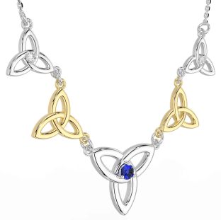 Diamond Sapphire Gold Silver Celtic Trinity Knot Necklace