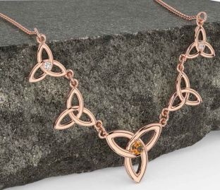Diamond Citrine Rose Gold Silver Celtic Trinity Knot Necklace