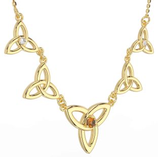 Diamond Citrine Gold Silver Celtic Trinity Knot Necklace