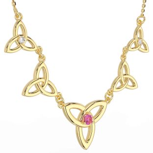 Diamond Pink Tourmaline Gold Silver Celtic Trinity Knot Necklace