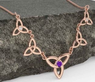 Diamond Amethyst Rose Gold Celtic Trinity Knot Necklace
