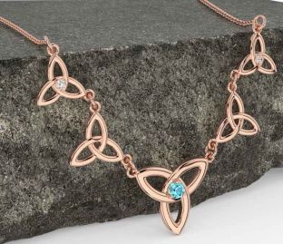 Diamond Aquamarine Rose Gold Celtic Trinity Knot Necklace
