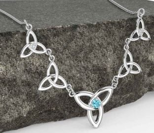 Diamond Aquamarine Silver Celtic Trinity Knot Necklace