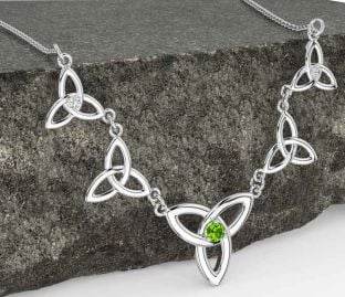 Diamant Peridot stříbrný keltský Trojice Uzel Náhrdelník