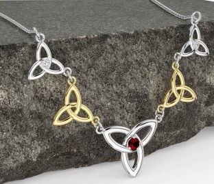 Diamond Garnet Gold Silver Celtic Trinity Knot Necklace