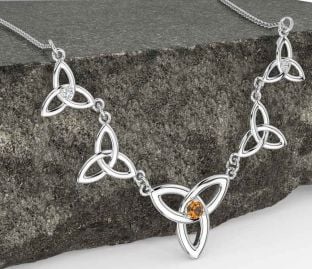 Diamond Citrine White Gold Celtic Trinity Knot Necklace