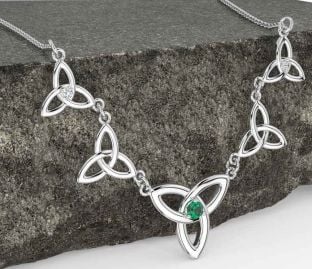 Diamond Emerald White Gold Celtic Trinity Knot Necklace