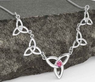 Diamond Pink Tourmaline White Gold Celtic Trinity Knot Necklace