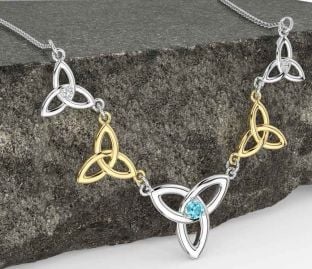 Diamond Aquamarine White Yellow Gold Celtic Trinity Knot Necklace