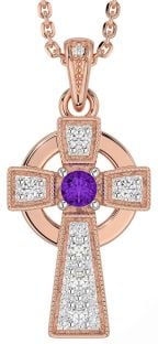 Diamond Amethyst Rose Gold Silver Celtic Cross Necklace