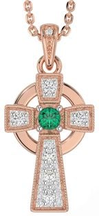 Diamond Emerald Rose Gold Silver Celtic Cross Necklace