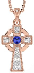 Diamond Sapphire Rose Gold Silver Celtic Cross Necklace