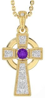 Diamond Amethyst Gold Silver Celtic Cross Necklace