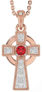 Diamond Ruby Rose Gold Celtic Cross Necklace