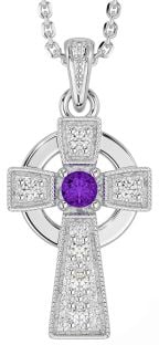 Diamond Amethyst Silver Celtic Cross Necklace