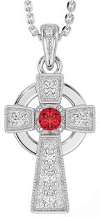 Diamond Ruby Silver Celtic Cross Necklace